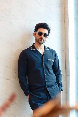 Modern Camp Collar Embroidered Suit