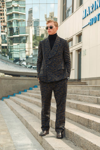 Modern Shawl Lapel Suit with Camouflage Weave