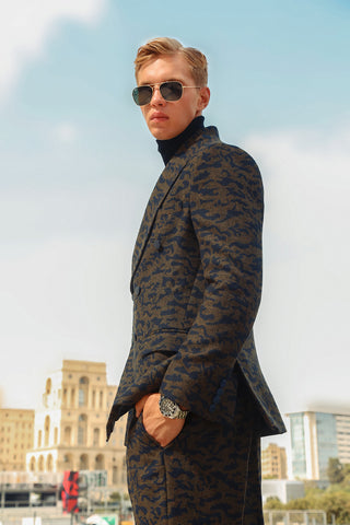Modern Shawl Lapel Suit with Camouflage Weave