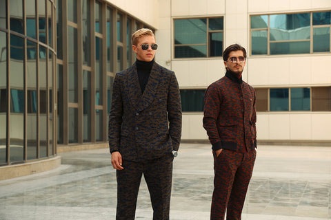 Modern Shawl Lapel Suit with Camouflage Weave
