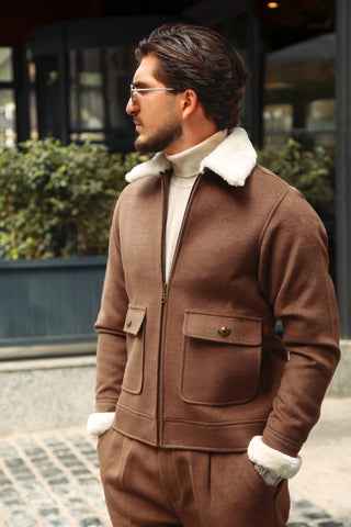 Luxury Italian Cashmere-Like Co-Ord Set with Fur Collar