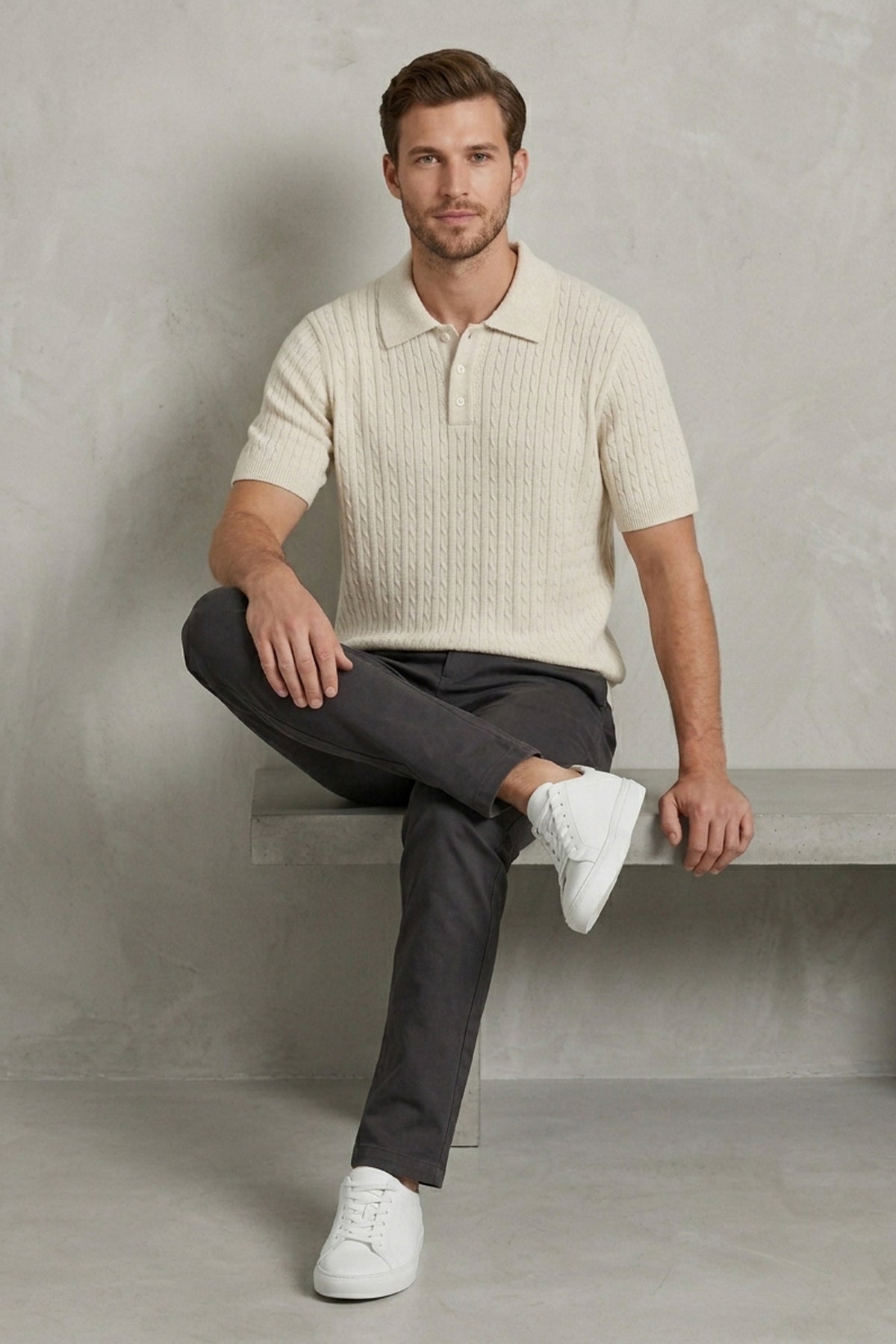 Cable Knitted Polo Short Sleeve Shirt